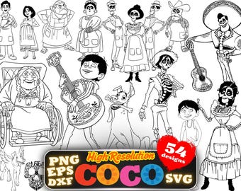 Coco SVG png dxf eps クリップアートバンドル、Coco SVG 漫画クリップアート、Coco 昇華、Coco キャラクター PNG クリップアートバンドル svg 映画テーマパーティー
