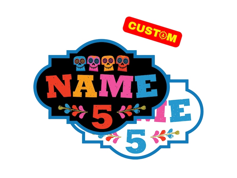 Puede incluir: Un cartel blanco y negro con un borde azul. El cartel tiene un dise&ntilde;o de calavera colorido, la palabra "NAME" en letras de colores y el n&uacute;mero "5" en rojo. El cartel es para una fiesta de cumplea&ntilde;os.