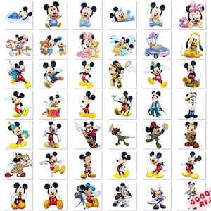 May include: A collection of colorful illustrations of Mickey Mouse in various poses and outfits. Mickey is depicted in different scenarios, including playing musical instruments, dressed in costumes, and with other Disney characters. The images are on a white background.