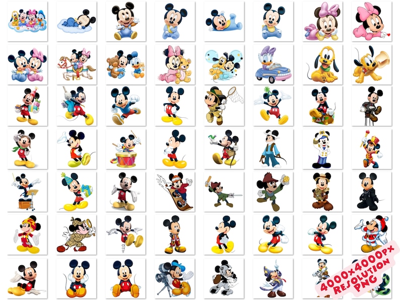 May include: A collection of colorful illustrations of Mickey Mouse in various poses and outfits. Mickey is depicted in different scenarios, including playing musical instruments, dressed in costumes, and with other Disney characters. The images are on a white background.