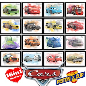 Könnte beinhalten: Sechzehn gerahmte Poster mit Illustrationen im Aquarellstil von Charakteren aus dem Animationsfilm "Cars". Die Poster zeigen verschiedene Rennwagen in leuchtenden Farben, mit dem "Cars"-Logo und dem "Piston Cup"-Emblem unten.