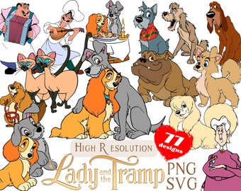May include: A collection of 77 high-resolution Lady and the Tramp character illustrations in PNG and SVG format. The illustrations feature Lady, Tramp, and other characters from the Disney movie.