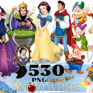 以下が含まれることがあります： 白雪姫のキャラクターのデジタルコレクション。プリンセス、王子、2つの姿の悪の女王、7人の小人が含まれています。画像には「530 PNG SNOW WHITE」というテキストと、プリンセスの額入りポートレートが含まれています。