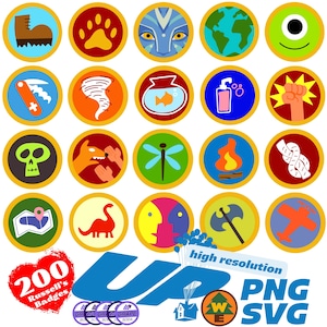 Paquete de imágenes prediseñadas de insignias de Up Russel, imágenes prediseñadas SVG de sublimación de dibujos animados de Up Wilderness Explorer, imprimibles de películas de la colección de imágenes prediseñadas temáticas de Up