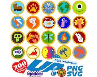 Up Russel&#39;s Badges Cliparts Bundle, Up Wilderness Explorer Cartoon Sublimation SVG Cliparts, Up Themed Clip Art Collection Movie Printables