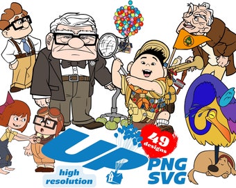 Paquete de imágenes prediseñadas SVG PNG de Up, imágenes prediseñadas de sublimación de dibujos animados SVG de Up, colección de imágenes prediseñadas temáticas de Up, imprimibles de la película Up, globos de casa PNG SVG