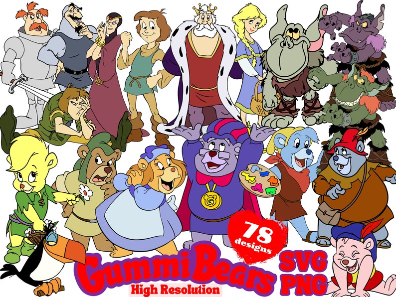 May include: A colorful illustration featuring a group of cartoon characters, including bears, a king, a knight, and a princess. The characters are surrounded by a variety of objects, including a crown, a sword, and a shield. The illustration is set against a white background. The text "Gummi Bears" is written in a large, bold font at the bottom of the image. The text "78 designs" is written in a smaller font below the text "Gummi Bears". The text "SVG PNG" is written in a smaller font below the text "78 designs". The text "High Resolution" is written in a smaller font below the text "SVG PNG".