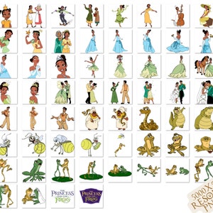 Puede incluir: Una colecci&oacute;n de im&aacute;genes de dibujos animados coloridos con una princesa, una rana, una serpiente, un cocodrilo y una mosca. Las im&aacute;genes son de la pel&iacute;cula de Disney La Princesa y el Sapo. El texto "La Princesa y el Sapo" est&aacute; incluido en la imagen.
