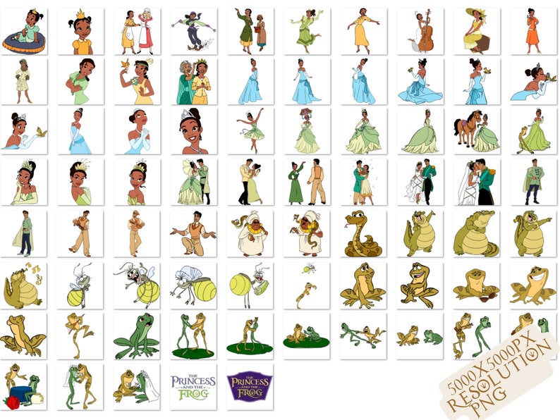 Puede incluir: Una colecci&oacute;n de im&aacute;genes de dibujos animados coloridos con una princesa, una rana, una serpiente, un cocodrilo y una mosca. Las im&aacute;genes son de la pel&iacute;cula de Disney La Princesa y el Sapo. El texto "La Princesa y el Sapo" est&aacute; incluido en la imagen.