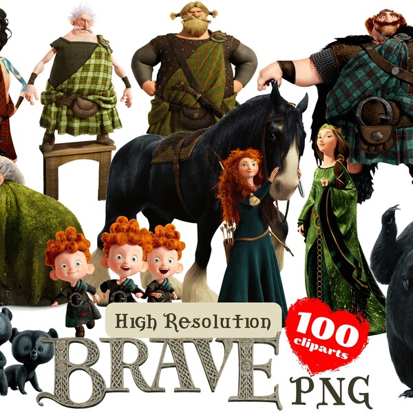 Brave PNG Cliparts Bundle, Merida Sublimation Cliaprts Collection, Brave Valiente Birthday Party Cake Topper PNG, Brave Merida Printables