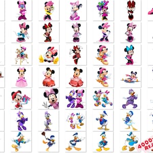 May include: A collection of cartoon images featuring Minnie Mouse in various outfits and poses. The images showcase Minnie in different dresses, holding balloons, and with other characters. The images are set against a white background.