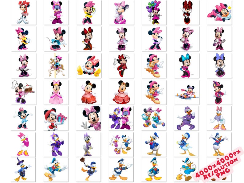 May include: A collection of cartoon images featuring Minnie Mouse in various outfits and poses. The images showcase Minnie in different dresses, holding balloons, and with other characters. The images are set against a white background.
