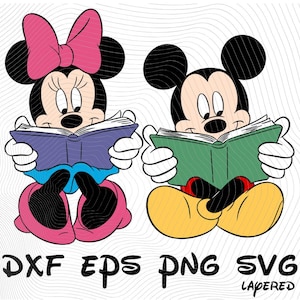 Mickey en Minnie Mouse school sublimatie cliparts, Mickey School lezing Minnie Mouse SVG Cartoon sublimatie clipart, Minnie Mickey SVG