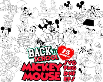 Mickey Mouse & Friends Back to School Outline Silhouettes SVG dxf eps png Bundle, Mickey Mouse School Book Story Cartoon Sublimation Clipart