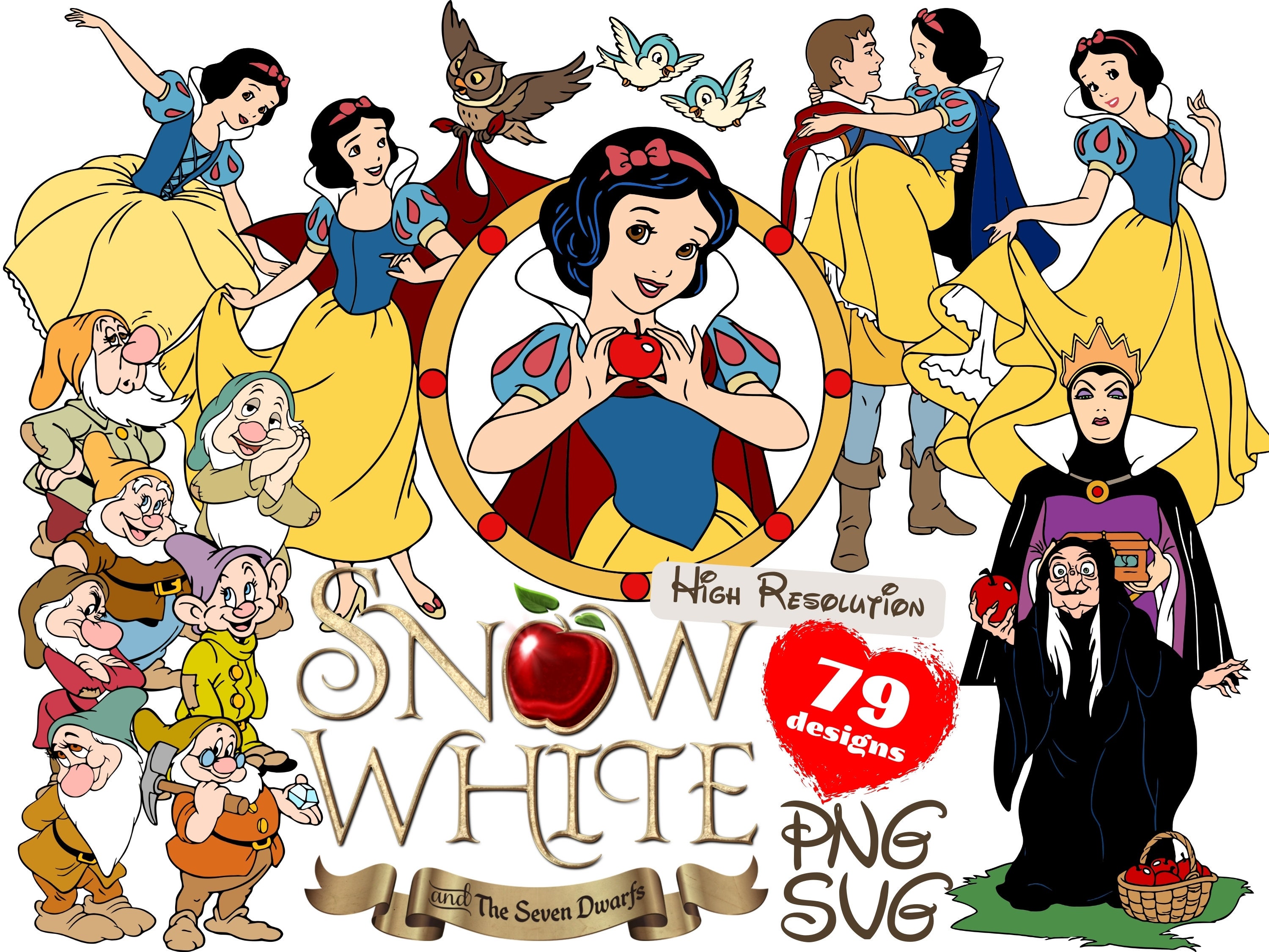 Snow White and Seven Dwarfs SVG Cliparts Bundle, Snow White and