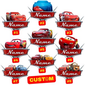 Voitures personnalisées PNG pour gâteau, Logo original de sublimation d'anniversaire de voitures, Logo de voitures personnalisé avec nom et âge, cliparts de T-Shirt de voitures