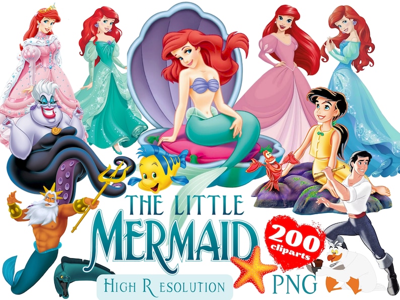 Pode incluir: Uma cole&ccedil;&atilde;o de 200 imagens clipart PNG de alta resolu&ccedil;&atilde;o com personagens do filme da Disney A Pequena Sereia. As imagens incluem Ariel, &Uacute;rsula, o Rei Trit&atilde;o, Linguado, Sebasti&atilde;o e muito mais.