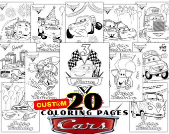 May include: A collection of 20 printable coloring pages featuring black and white line art of various animated car characters, birthday themes, balloons, checkered flags, and the number 3, with space for a name on each page.
