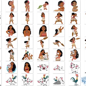 Op de afbeelding: Een set van 40 digitale clipart-afbeeldingen met Moana uit de Disney-film Moana. De afbeeldingen tonen Moana in verschillende poses, waaronder met haar varken Pua, haar haan Hei Hei en haar boot. De afbeeldingen zijn in cartoon-stijl en perfect voor knutselprojecten, scrapbooking en meer.