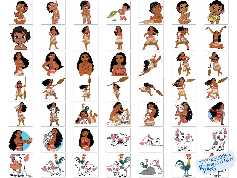 Op de afbeelding: Een set van 40 digitale clipart-afbeeldingen met Moana uit de Disney-film Moana. De afbeeldingen tonen Moana in verschillende poses, waaronder met haar varken Pua, haar haan Hei Hei en haar boot. De afbeeldingen zijn in cartoon-stijl en perfect voor knutselprojecten, scrapbooking en meer.
