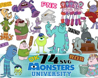 May include: A collection of Monsters University character illustrations including Mike Wazowski, Sulley, and various monsters in colorful outfits. The image features text elements like JOX, PNK, HSS, SEK, OK, RNR, and 74 SVG MONSTERS UNIVERSITY.