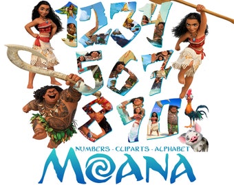 Moana PNG Birthday Numbers Cliparts Bundle, Moana PNG Cartoon Letters Cliparts for Sublimation, Moana Movie Themed Font Bundle Cliparts svg