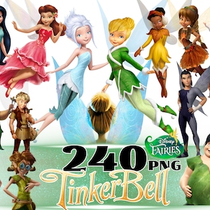 May include: A digital collection of Disney Fairies characters including Tinker Bell, featuring various poses and outfits in shades of green, blue, pink, and brown. The image includes the text 240 PNG Tinker Bell and the Disney Fairies logo.