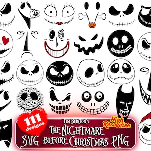 L'Étrange Noël de Tim Burton, cliparts SVG png, cauchemar SVG dessin animé sublimation cliparts visages, monstres Jack Sally