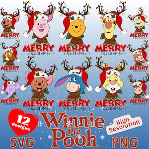 Winnie the Pooh & Friends Christmas SVG Tshirt Sublimation Bundle, Winnie the Pooh Faces Cartoon Sublimation Cliparts, Winnie the Pooh PNG
