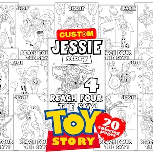 Puede incluir: Una colección de veinte páginas para colorear en blanco y negro con personajes de Toy Story, incluyendo a Jessie, Woody, Buzz Lightyear y Bullseye. Cada página muestra el texto Jessie Story y Reach Four The Sky en letras negritas.