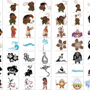 Op de afbeelding: Een set van 48 Moana-thema digitale clipart afbeeldingen. De afbeeldingen bevatten personages zoals Maui, Moana en Pua, evenals symbolen zoals de oceaan, een bloem en een haan. De afbeeldingen zijn in zwart-wit en kleur.