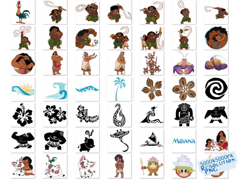Op de afbeelding: Een set van 48 Moana-thema digitale clipart afbeeldingen. De afbeeldingen bevatten personages zoals Maui, Moana en Pua, evenals symbolen zoals de oceaan, een bloem en een haan. De afbeeldingen zijn in zwart-wit en kleur.