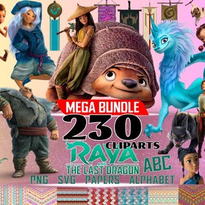 Może przedstawiać: Cyfrowa kolekcja postaci z filmu Raya i ostatni smok, w tym Raya, Sisu, Tuk Tuk i inni. Obraz zawiera tekst MEGA BUNDLE 230 CLIPARTS RAYA AND THE LAST DRAGON ABC PNG SVG PAPERS ALPHABET na różowym tle.