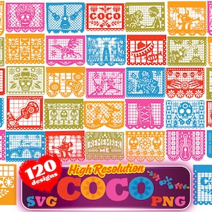 Coco Papel Picado SVG クリップアートバンドル、Coco 昇華バンドル、Coco 漫画映画をテーマにした誕生日パーティーデコレーション Papel Picado コレクション