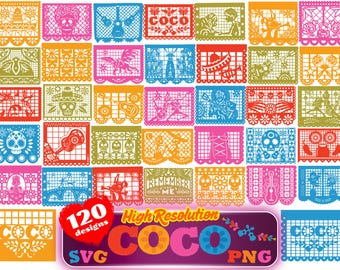 Coco Papel Picado SVG Cliparts Bundle, Coco Sublimationspaket, Coco Cartoon Film unter dem Motto Geburtstagspartydekorationen Papel Picado Sammlung