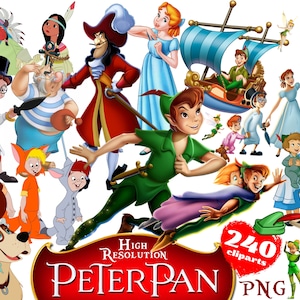 Pacchetto di clipart PNG di Peter Pan, pacchetto di sublimazione di Peter Pan, clipart PNG per feste di compleanno a tema film dei cartoni animati di Peter Pan, pacchetto PNG di Peter Pan