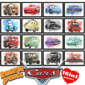 Cars Disney Radiator Springs Set mit 16 Wandkunst Postern, Autos digital druckbare Kunst, Cars Lightning McQueen, Tow Mater, Guido, Luigi Poster