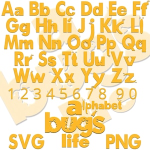 May include: Yellow alphabet letters and numbers with bug silhouettes, the words "alphabet", "bugs", "life", "SVG", and "PNG" on a white background.