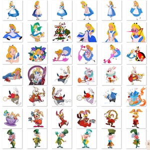 K&ouml;nnte beinhalten: Eine Sammlung bunter Comicbilder mit Figuren aus Alice im Wunderland, darunter Alice, der Hutmacher, die Herzk&ouml;nigin und der wei&szlig;e Hase. Die Bilder sind in verschiedenen Posen und Gesichtsausdr&uuml;cken dargestellt und alle vor einem wei&szlig;en Hintergrund.