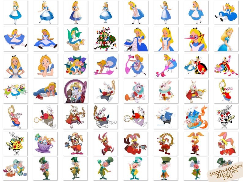 K&ouml;nnte beinhalten: Eine Sammlung bunter Comicbilder mit Figuren aus Alice im Wunderland, darunter Alice, der Hutmacher, die Herzk&ouml;nigin und der wei&szlig;e Hase. Die Bilder sind in verschiedenen Posen und Gesichtsausdr&uuml;cken dargestellt und alle vor einem wei&szlig;en Hintergrund.