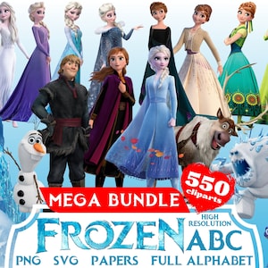 Gefrorene Cliparts Mega Bundle, Gefrorene PNG Cartoon Cliparts für Sublimation, Gefrorene SVG Film Themed Clip Arts Sammlung für Winter Party PNG