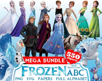 Frozen Cliparts Mega Bundle, Frozen PNG Cartoon Cliparts for Sublimation, Frozen SVG Movie Themed Clip Arts Collection for Winter Party PNG