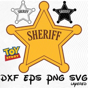 May include: A yellow sheriff's star badge with the word "SHERIFF" in brown text. There are two smaller black and white sheriff's star badges in the background. The text "TOY STORY" is in red and white on a yellow rectangle.