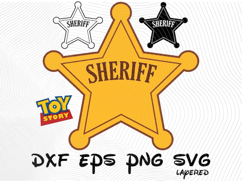 May include: A yellow sheriff's star badge with the word "SHERIFF" in brown text. There are two smaller black and white sheriff's star badges in the background. The text "TOY STORY" is in red and white on a yellow rectangle.