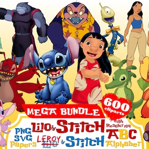 Lilo & Stitch Cliparts Mega Bundle, Lilo und Stitch PNG Cartoon Sublimation Cliparts, Lilo und Stitch Themed Kinder Sublimation Bilder PNG Art