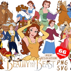 Pacchetto clipart SVG de La bella e la bestia, clipart a sublimazione dei cartoni animati PNG de La bella e la bestia, clip art a tema Belle de La bella e la bestia
