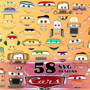 Puede incluir: Una colección de 58 diseños gráficos digitales que muestran varios rostros de coches de dibujos animados con ojos, rejillas y parachoques expresivos. La imagen incluye el texto negro en negrita 58 SVG DESIGNS y el logo Cars rojo metálico.