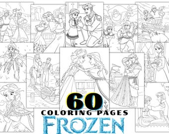 May include: A collection of 60 Frozen coloring pages featuring black and white line art illustrations of characters from the movie, including Anna, Elsa, Kristoff, and Olaf, with the text 60 COLORING PAGES FROZEN displayed at the bottom.