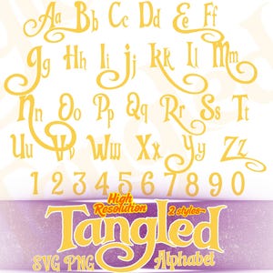 Könnte beinhalten: Ein digitales Alphabet-Set mit gelben Groß- und Kleinbuchstaben von A bis Z sowie den Zahlen 0 bis 9 in einer stilisierten Schriftart. Der Text "High Resolution 2 styles Tangled SVG PNG Alphabet" ist unten in Gelb dargestellt.
