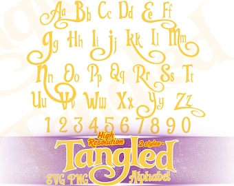 Könnte beinhalten: Ein digitales Alphabet-Set mit gelben Groß- und Kleinbuchstaben von A bis Z sowie den Zahlen 0 bis 9 in einer stilisierten Schriftart. Der Text "High Resolution 2 styles Tangled SVG PNG Alphabet" ist unten in Gelb dargestellt.